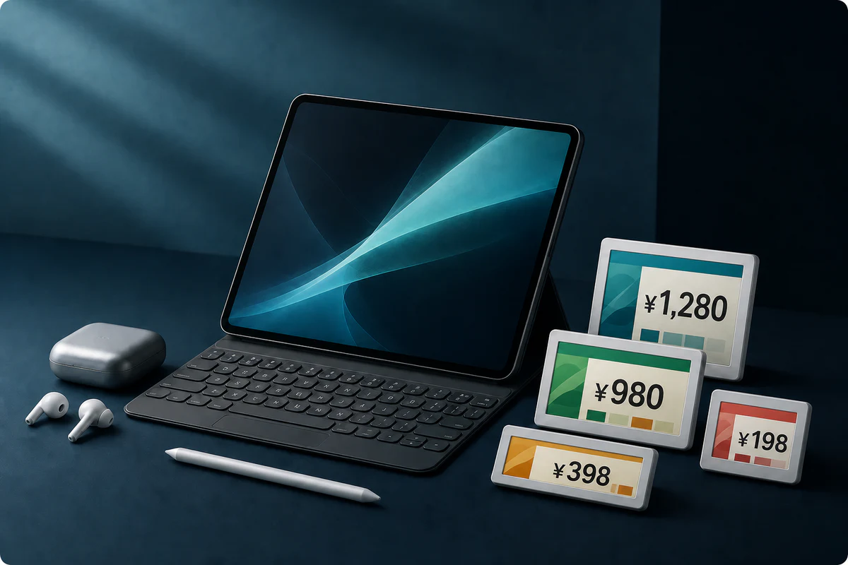 スタイラス、イヤホン、タブレットキーボード、電子棚札の製品イメージ